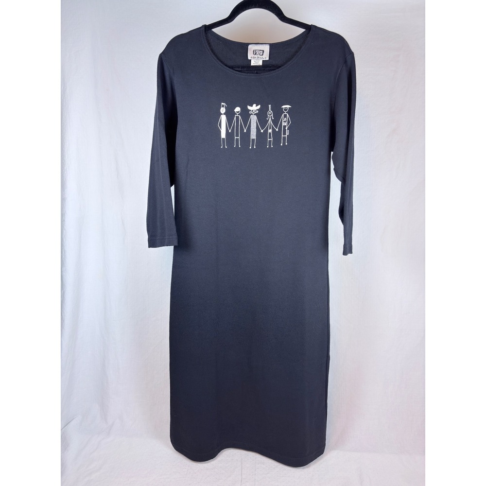 Vtg 90s POG Dress Black Cotton Whimsical Art Lagenlook Stick Figures USA M
